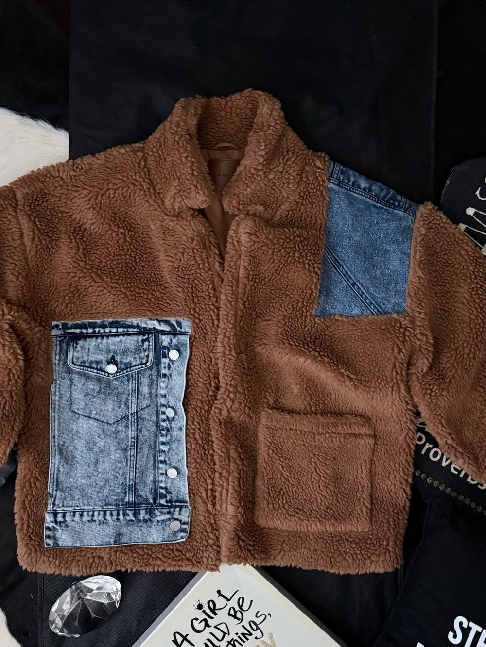 Blank NYC Brown Teddy Jacket with Blue Denim Patchwork